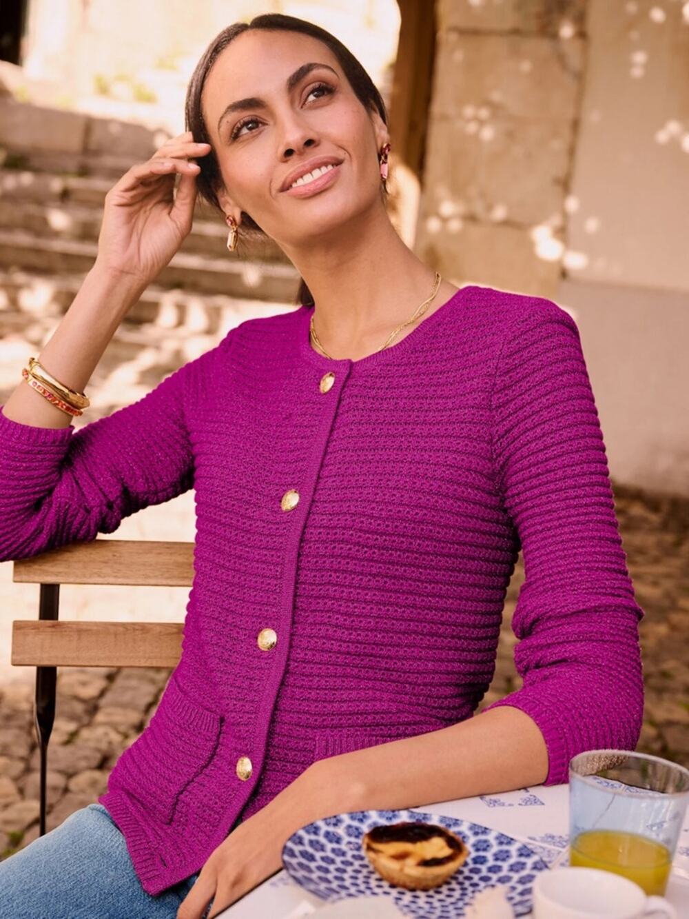 Talbots Kate Textured Ribbed Cardigan w/ Gold Buttons in Berry Pink Purple L